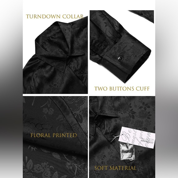 Floral Rose Men's Dress Shirts Prom Wedding Party Button Down Black Shirt - Picture 5 of 5